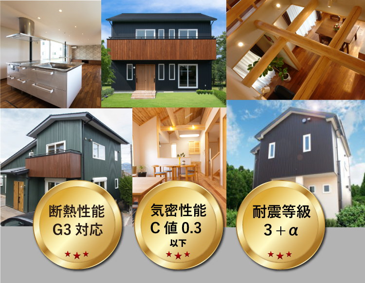 断熱性能G3対応,気密性能C値0.3以下,耐震等級3+α